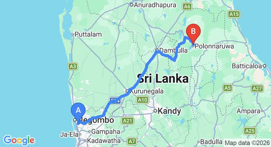 Driving route map: Colombo Airport (CMB) to Ruins Chaaya Hotel, Polonnaruwa (198 km, approx 4 h 5 min private transfer)