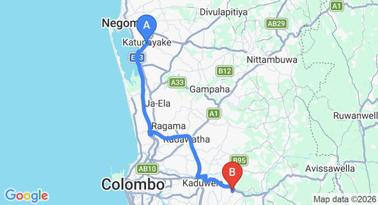 Driving route map: Colombo Airport (CMB) to Ranala (46 km, approx 57 min private transfer)