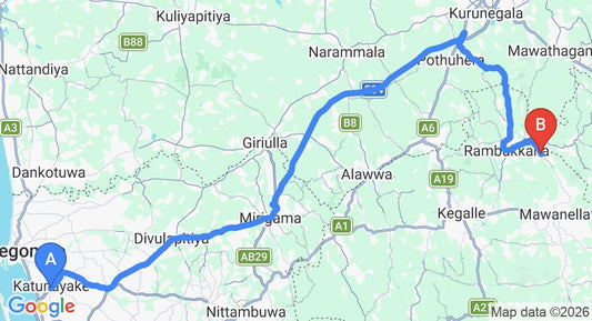 Driving route map: Colombo Airport (CMB) to Kadigamuwa (94 km, approx 2 h 11 min private transfer)