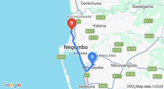 Driving route map: Colombo Airport (CMB) to Terrace Green Hotel and Spa, Negombo (13 km, approx 31 min private transfer)