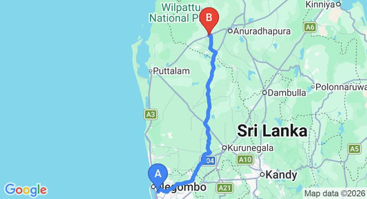 Driving route map: Colombo Airport (CMB) to Hotel Sinharagama Resort and Spa, Anuradhapura (168 km, approx 3 h 36 min private transfer)