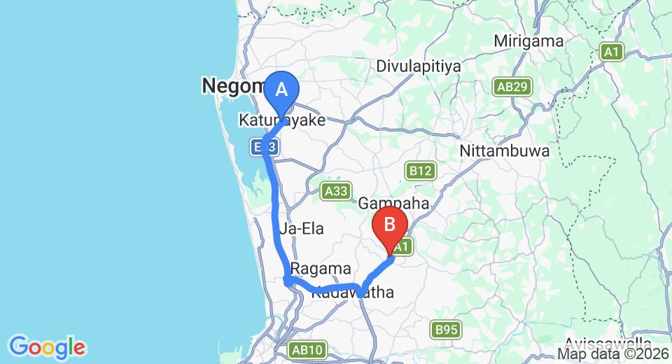 Driving route map: Colombo Airport (CMB) to Kirillawala (35 km, approx 41 min private transfer)