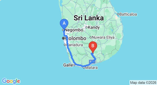 Driving route map: Colombo Airport (CMB) to Kalu's Hideaway, Udawalawe (263 km, approx 3 h 45 min private transfer)