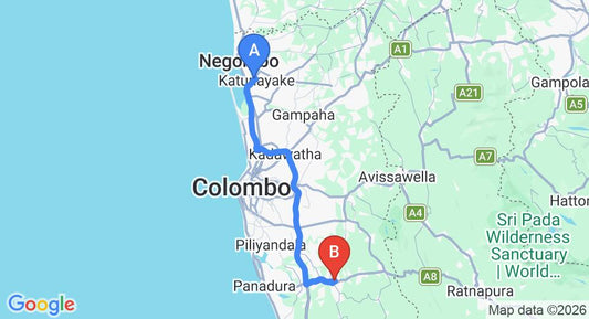 Driving route map: Colombo Airport (CMB) to Governors River Lodge Horana, Horana (72 km, approx 1 h 16 min private transfer)