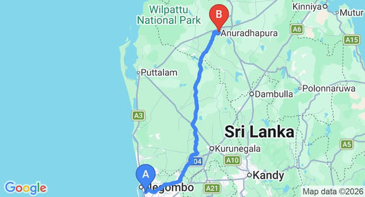 Driving route map: Colombo Airport (CMB) to Grand Crown Hotel, Anuradhapura (176 km, approx 3 h 48 min private transfer)