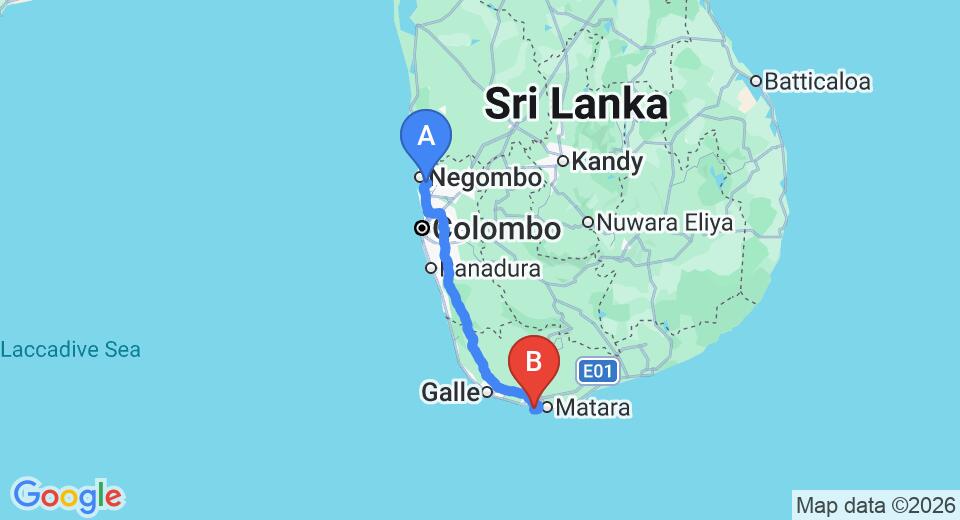 Driving route map: Colombo Airport (CMB) to Ocean Villa Ranmanik, Mirissa (182 km, approx 2 h 40 min private transfer)