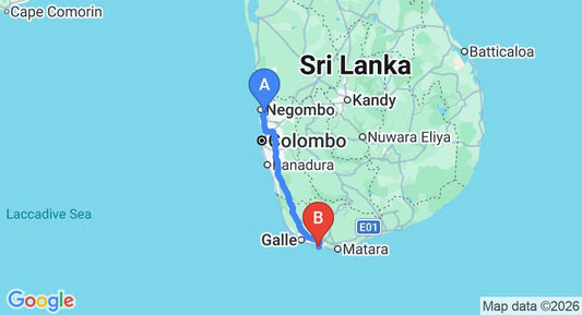 Driving route map: Colombo Airport (CMB) to Cantaloupe House, Ahangama (167 km, approx 2 h 23 min private transfer)