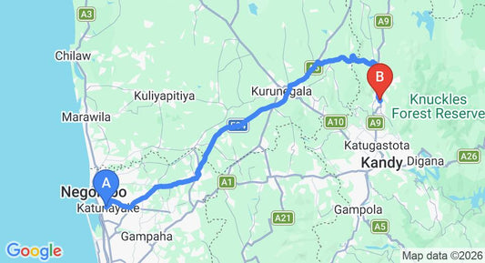 Driving route map: Colombo Airport (CMB) to The Grand Mountain Hotel, Matale (125 km, approx 2 h 57 min private transfer)