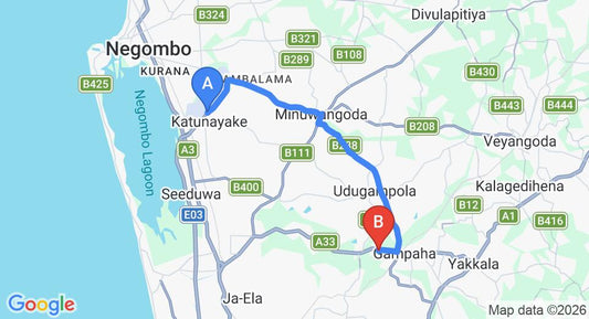 Driving route map: Colombo Airport (CMB) to Akaravita (21 km, approx 41 min private transfer)