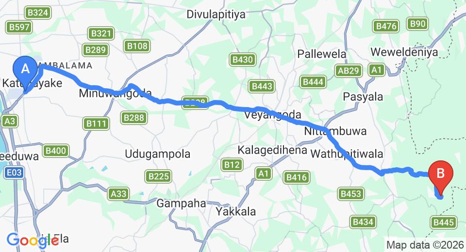 Driving route map: Colombo Airport (CMB) to Nikahetikanda (39 km, approx 1 h 19 min private transfer)