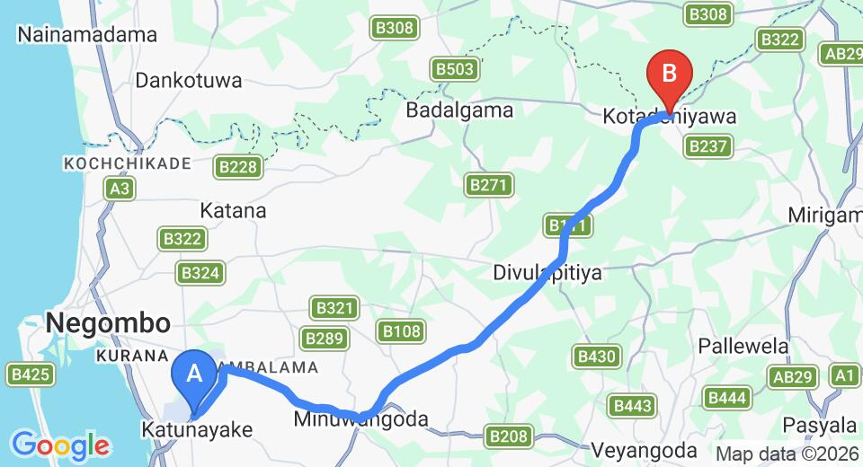 Driving route map: Colombo Airport (CMB) to Kotadeniyawa (28 km, approx 52 min private transfer)