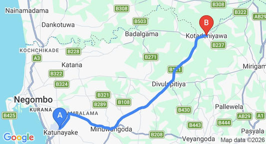 Driving route map: Colombo Airport (CMB) to Kotadeniyawa (28 km, approx 52 min private transfer)