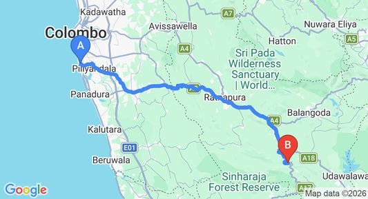 Driving route map: Ratmalana (RML) Airport to Rakwana (125 km, approx 3 h 35 min private transfer)