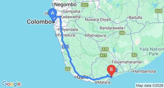 Driving route map: Colombo Seaport to Tangalle (206 km, approx 2 h 47 min private transfer)