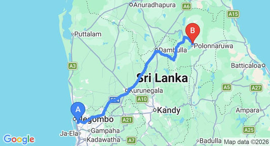 Driving route map: Colombo Airport (CMB) to Samagi Guest House and Cottage, Polonnaruwa (197 km, approx 4 h 5 min private transfer)