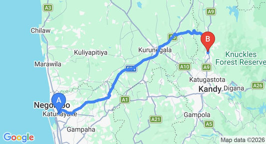 Driving route map: Colombo Airport (CMB) to New Crystal Hill Hotel, Matale (123 km, approx 2 h 54 min private transfer)