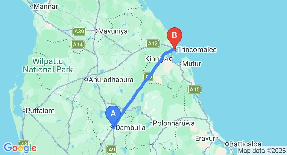 Driving route map: Dambulla to Trincomalee (106 km, approx 1 h 56 min private transfer)
