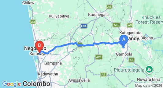 Driving route map: Embekke to Colombo Airport (CMB) (96 km, approx 2 h 49 min private transfer)