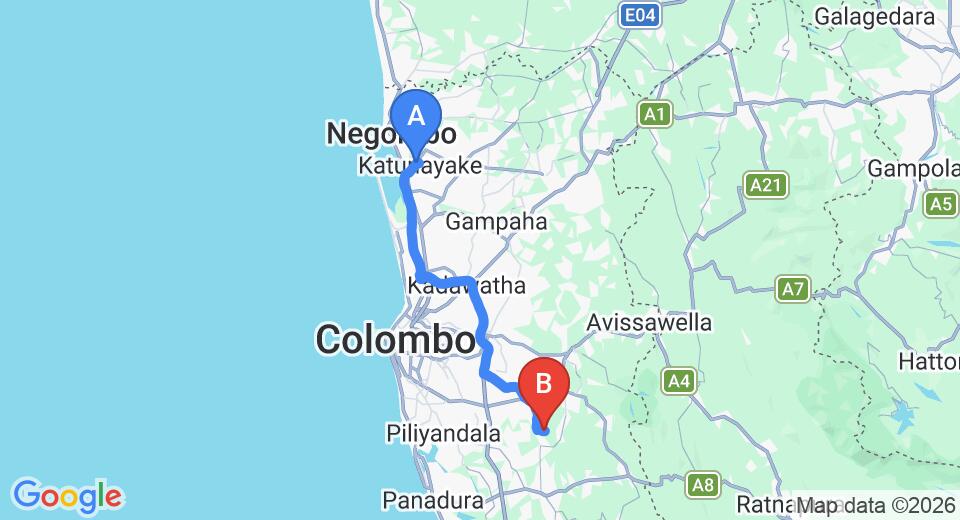 Driving route map: Colombo Airport (CMB) to Horagala (59 km, approx 1 h 13 min private transfer)