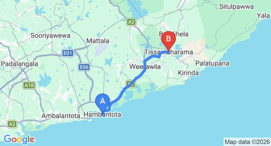 Driving route map: Hambantota to Tissamaharama (28 km, approx 37 min private transfer)