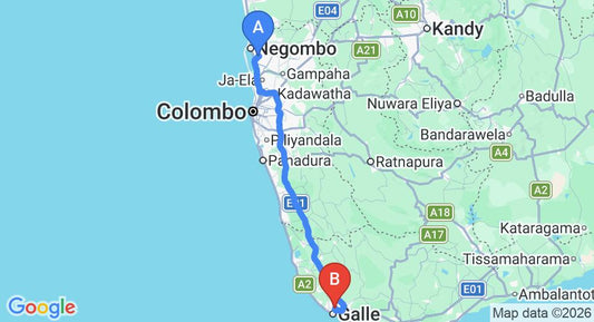 Driving route map: Colombo Airport (CMB) to Kumara Travels, Galle (152 km, approx 2 h 10 min private transfer)