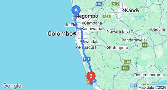 Driving route map: Colombo Airport (CMB) to Serenity Villa Hikkaduwa, Hikkaduwa (142 km, approx 2 h 5 min private transfer)