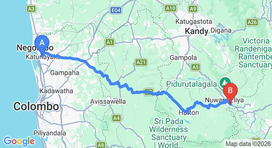 Driving route map: Colombo Airport (CMB) to J's Villa, Nuwara Eliya (157 km, approx 4 h 51 min private transfer)