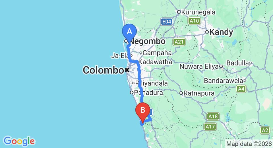 Driving route map: Colombo Airport (CMB) to Haus Berlin, Bentota (111 km, approx 1 h 47 min private transfer)