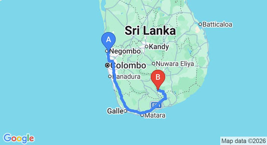 Driving route map: Colombo Airport (CMB) to Centauria Wild, Udawalawe (272 km, approx 3 h 42 min private transfer)