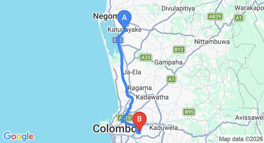 Driving route map: Colombo Airport (CMB) to Walpola (37 km, approx 48 min private transfer)