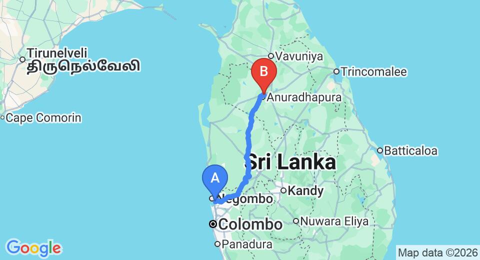 Driving route map: Colombo Airport (CMB) to Ashok Hotel, Anuradhapura (176 km, approx 3 h 49 min private transfer)