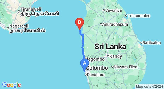 Driving route map: Ratmalana (RML) Airport to Kalkudah (169 km, approx 4 h 1 min private transfer)