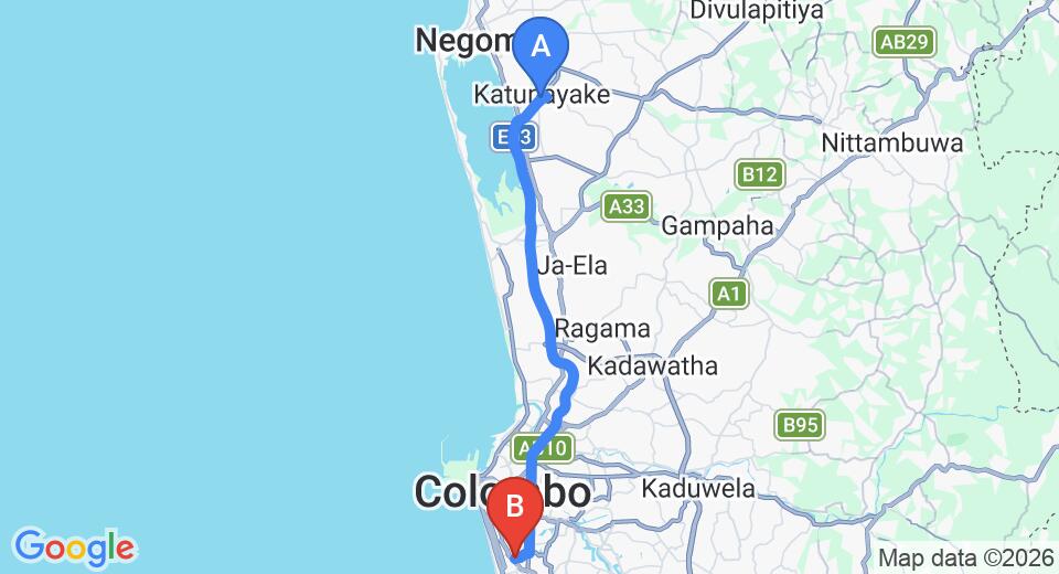 Driving route map: Colombo Airport (CMB) to ME Colombo, Colombo (36 km, approx 51 min private transfer)