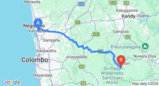 Driving route map: Colombo Airport (CMB) to Castlereagh Bungalow, Hatton (121 km, approx 3 h 59 min private transfer)