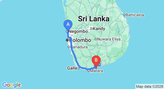 Driving route map: Colombo Airport (CMB) to Maya Tangalle Villa, Tangalle (211 km, approx 2 h 49 min private transfer)