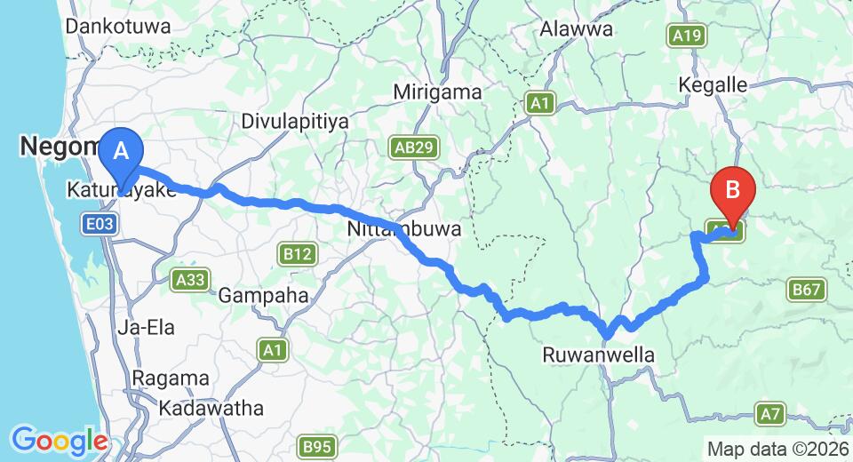 Driving route map: Colombo Airport (CMB) to Undugoda City private transfer (73 km, approx 2 h 17 min)