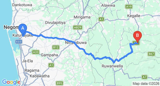 Driving route map: Colombo Airport (CMB) to Undugoda City private transfer (73 km, approx 2 h 17 min)