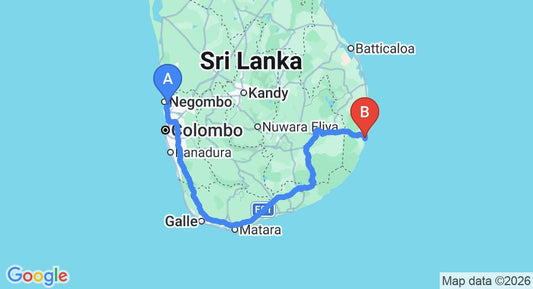 Driving route map: Colombo Airport (CMB) to Aloha Cabanas, Arugam Bay (417 km, approx 6 h 25 min private transfer)