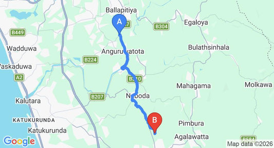 Driving route map: Yala to Hiriketiya (18 km, approx 30 min private transfer)