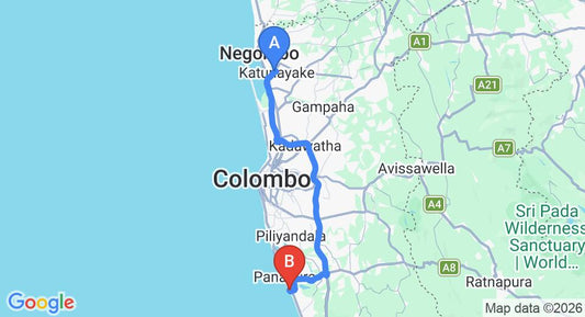 Driving route map: Colombo Airport (CMB) to Wadduwa Holiday Resort, Wadduwa (77 km, approx 1 h 26 min private transfer)