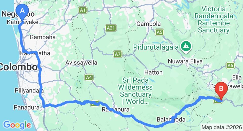 Driving route map: Colombo Airport (CMB) to Benjamin Cottage, Haputale (210 km, approx 5 h 1 min private transfer)