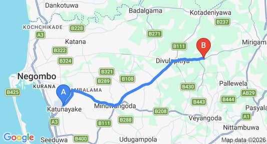 Driving route map: Colombo Airport (CMB) to Banduragoda (23 km, approx 44 min private transfer)