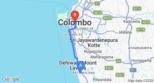 Driving route map: Ratmalana (RML) Airport to Colombo (14 km, approx 33 min private transfer)
