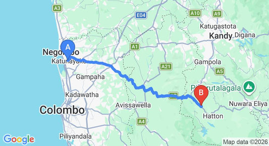 Driving route map: Colombo Airport (CMB) to Ihala watawala (105 km, approx 3 h 13 min private transfer)