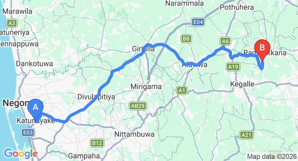 Driving route map: Colombo Airport (CMB) to Pinnawala (78 km, approx 2 h 6 min private transfer)