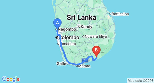 Driving route map: Colombo Airport (CMB) to Weligatta (281 km, approx 3 h 39 min private transfer)