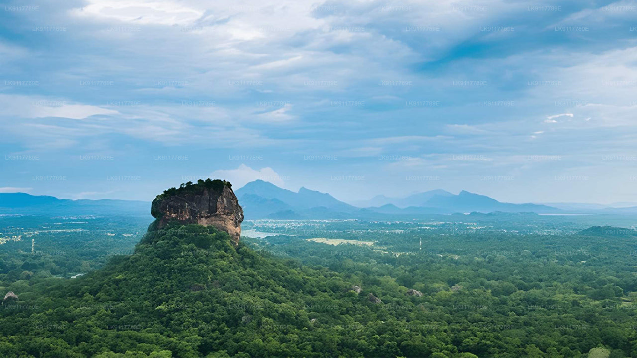Lush green landscape with a prominent rocky outcrop under a blue sky with clouds.