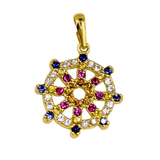 Lakpura® Gold Dharmachakra Pendant with Multicolor Sapphire Stones