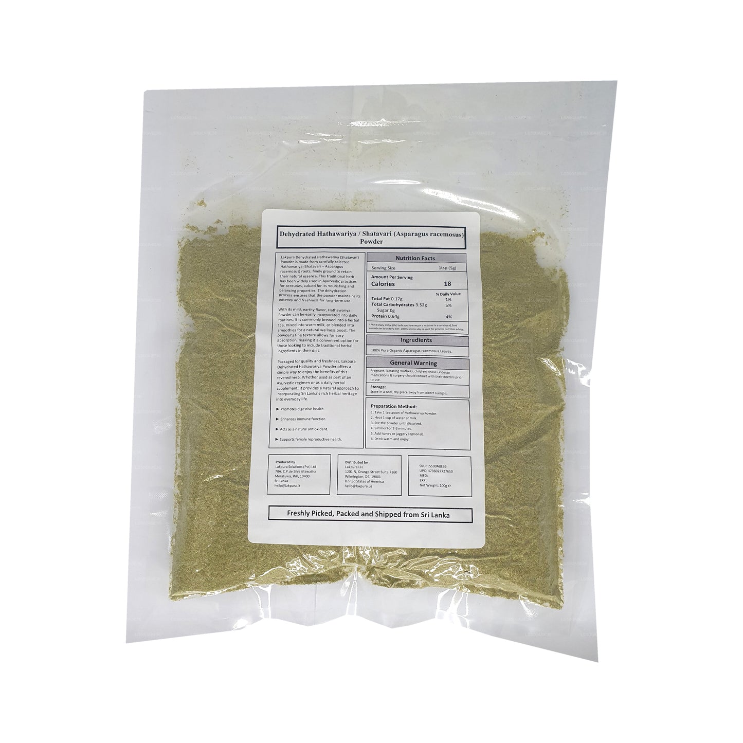 Lakpura Dehydreret Hathawariya (Shatavari) Pulver (100g)