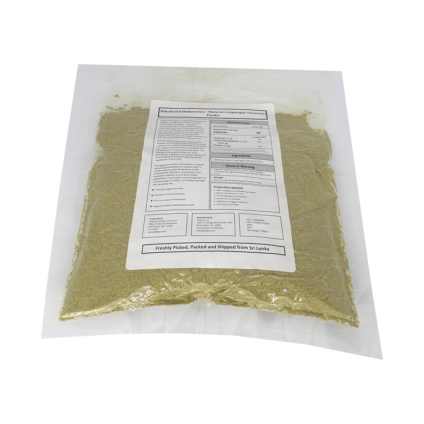 Lakpura Dehydreret Hathawariya (Shatavari) Pulver (100g)